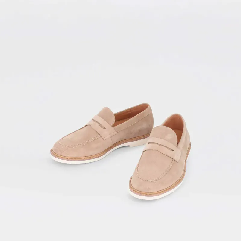Pepper - sand-beige penny loafer til herre i semsket skinn